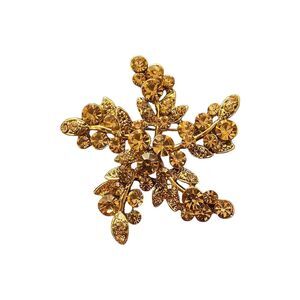 1950 Vintage Navette Shaped Amber Topaz Rhinestones  Gold-tone Brooch Pin